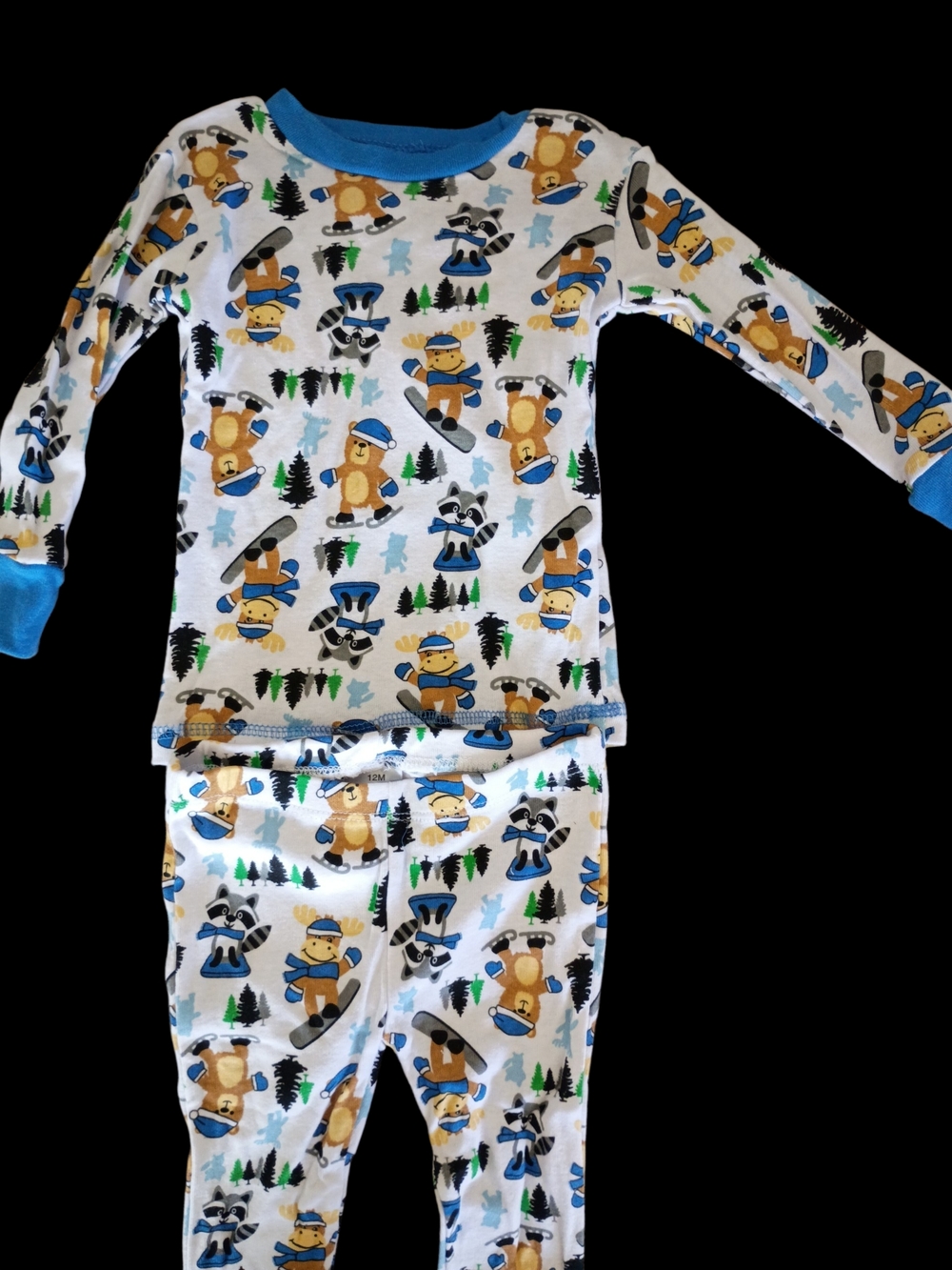 Swiggles White Pajama Set with Blue Trim and Bear Ski Print